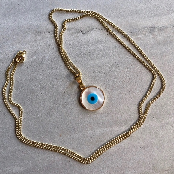 Evil Eye Carved Shell Boho Necklace 14K Gold - Picture 2 of 8